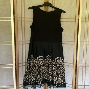 Black party dress with gold embroidered tulle, size 18